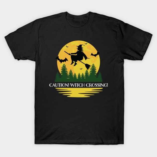 Halloween Caution! Witch Crossing! Flying on Broomstick Yellow Moon T-Shirt by CoffeeandTeas